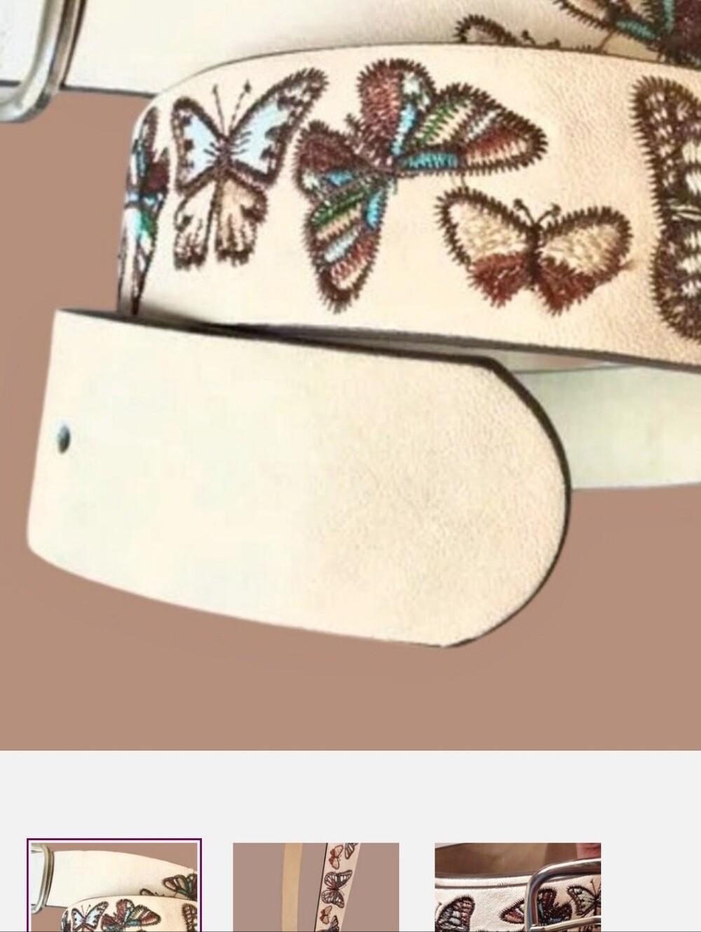 🦋Embroidered Butterfly Beige Women's Belt With Silver Buckle
